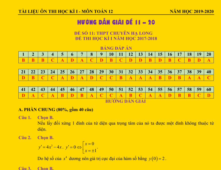 Giải chi tiết đề cương ôn HKI toán 12 năm 2019-2020 (đề 11-20)